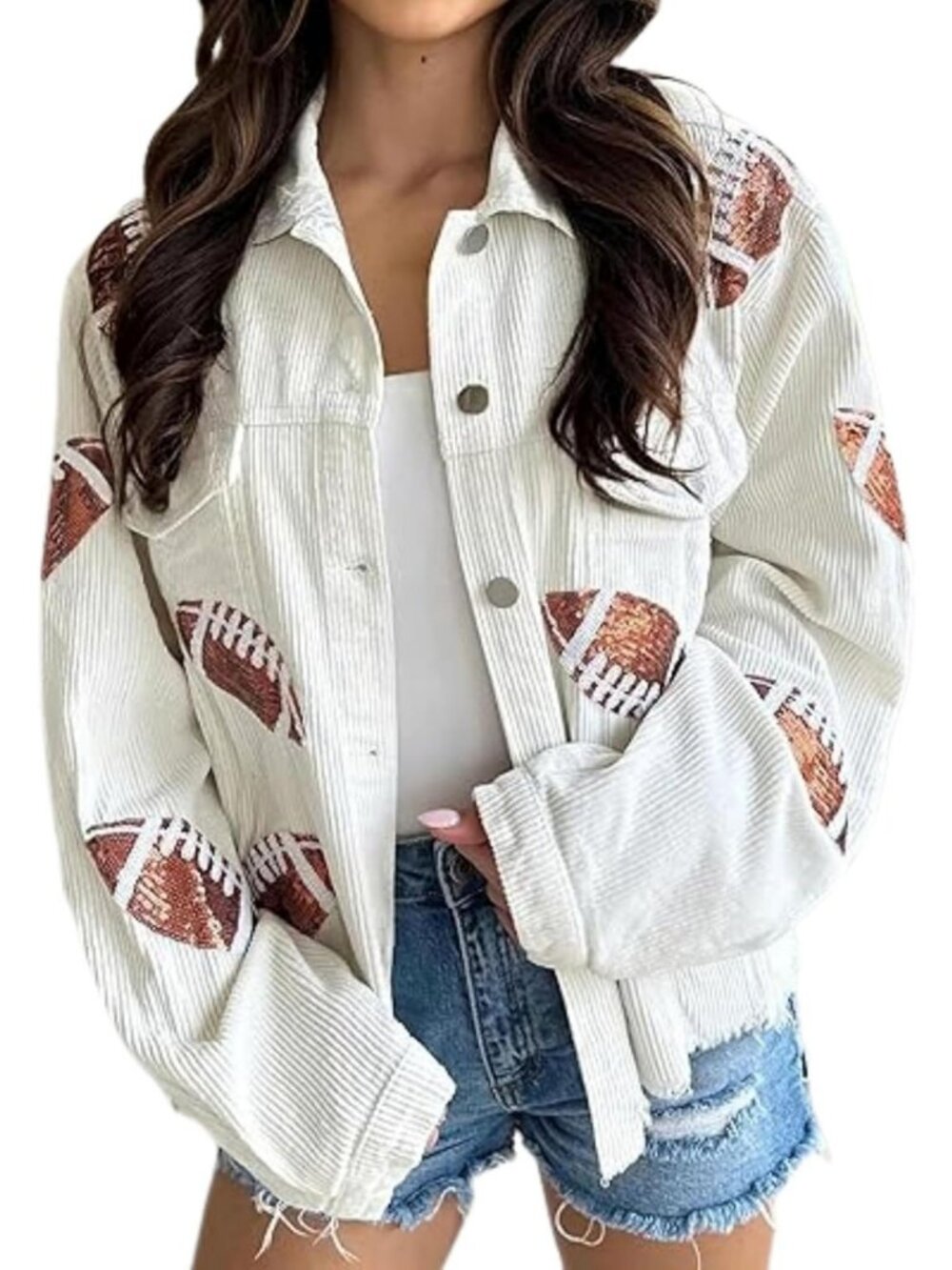 Cropped Corduroy Jacket with Sequin Details | Women's Rugby Patched Shacket